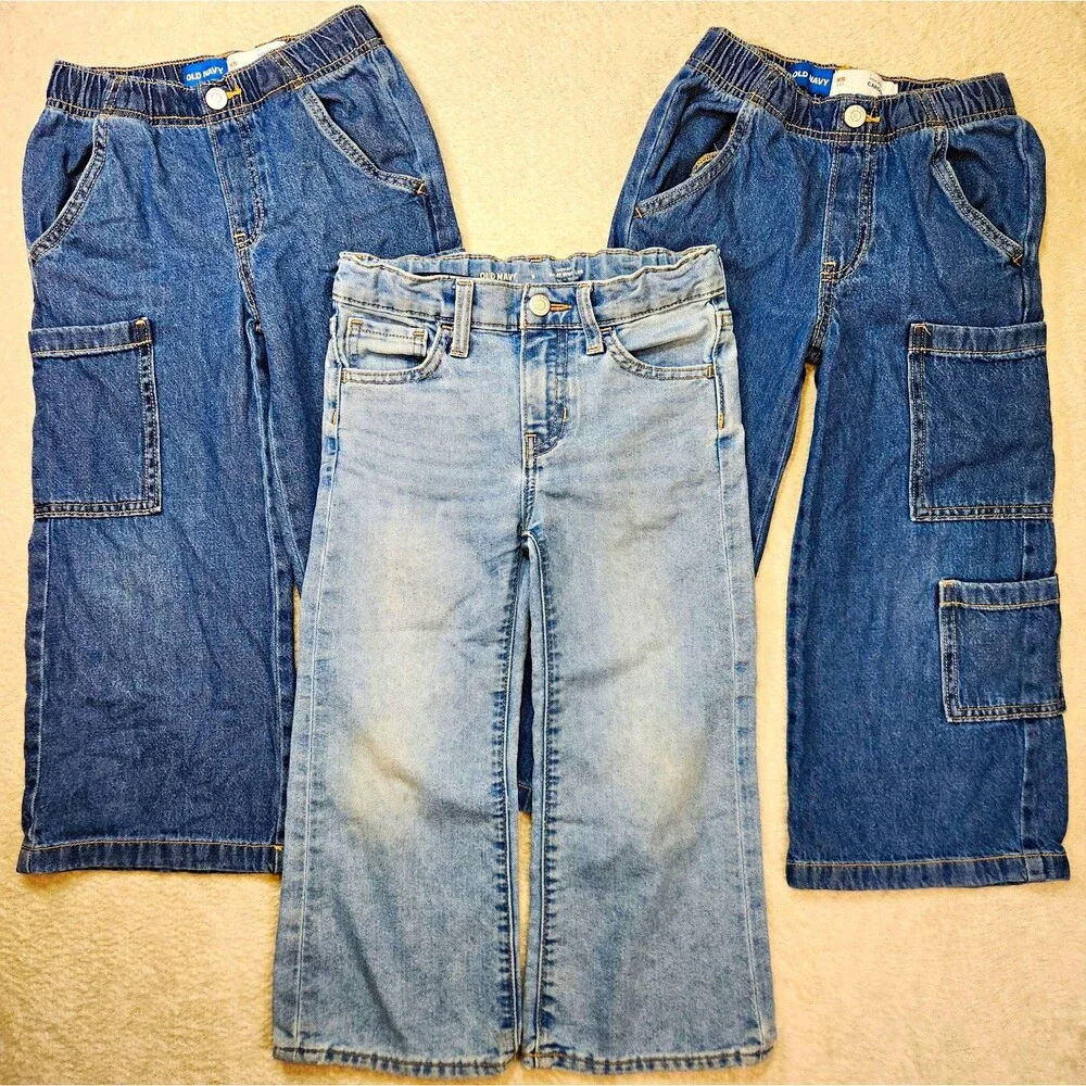 Old Navy Girls Size 5 High Rise Wide Leg Denim Jeans Bundle Cargo Adjustable